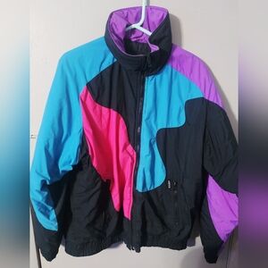 Vintage Aspen colorblock winter puffer ski jacket black/teal/pink/purple LG